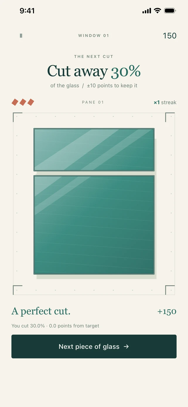A perfect 30% cut on the glass cutting mat.