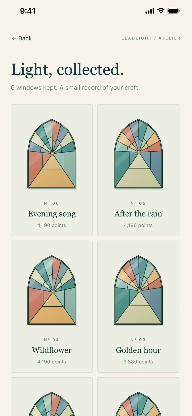 The collection of six completed stained-glass windows.